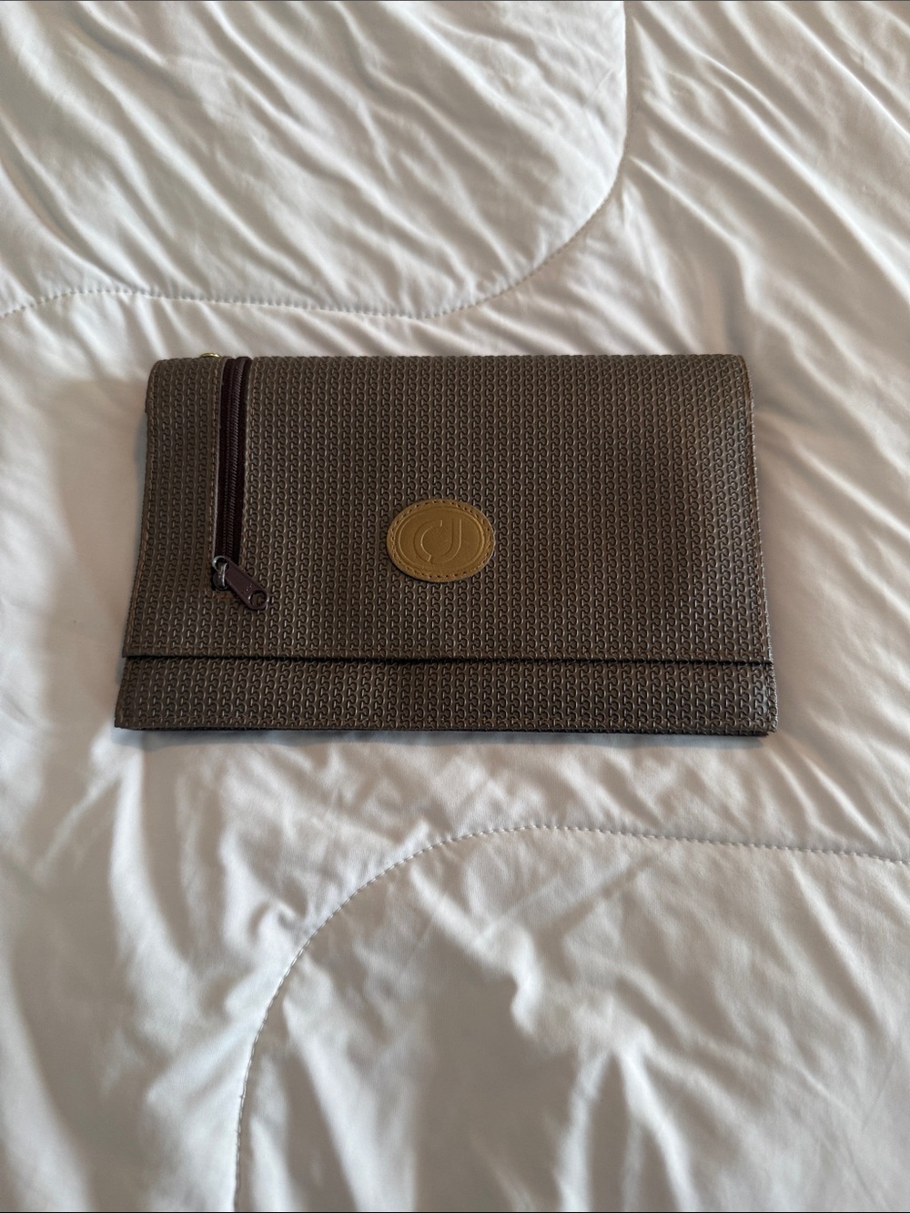 Charles Jourdan Taupe Textured Clutch Wallet with Gold Emblem